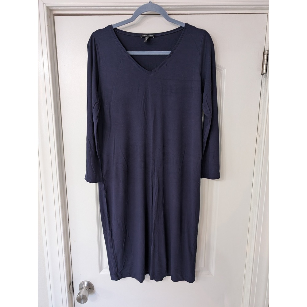 Eileen Fisher Womens Navy Blue Stretch V-Neck Jersey Shift Dress‎ Medium casual